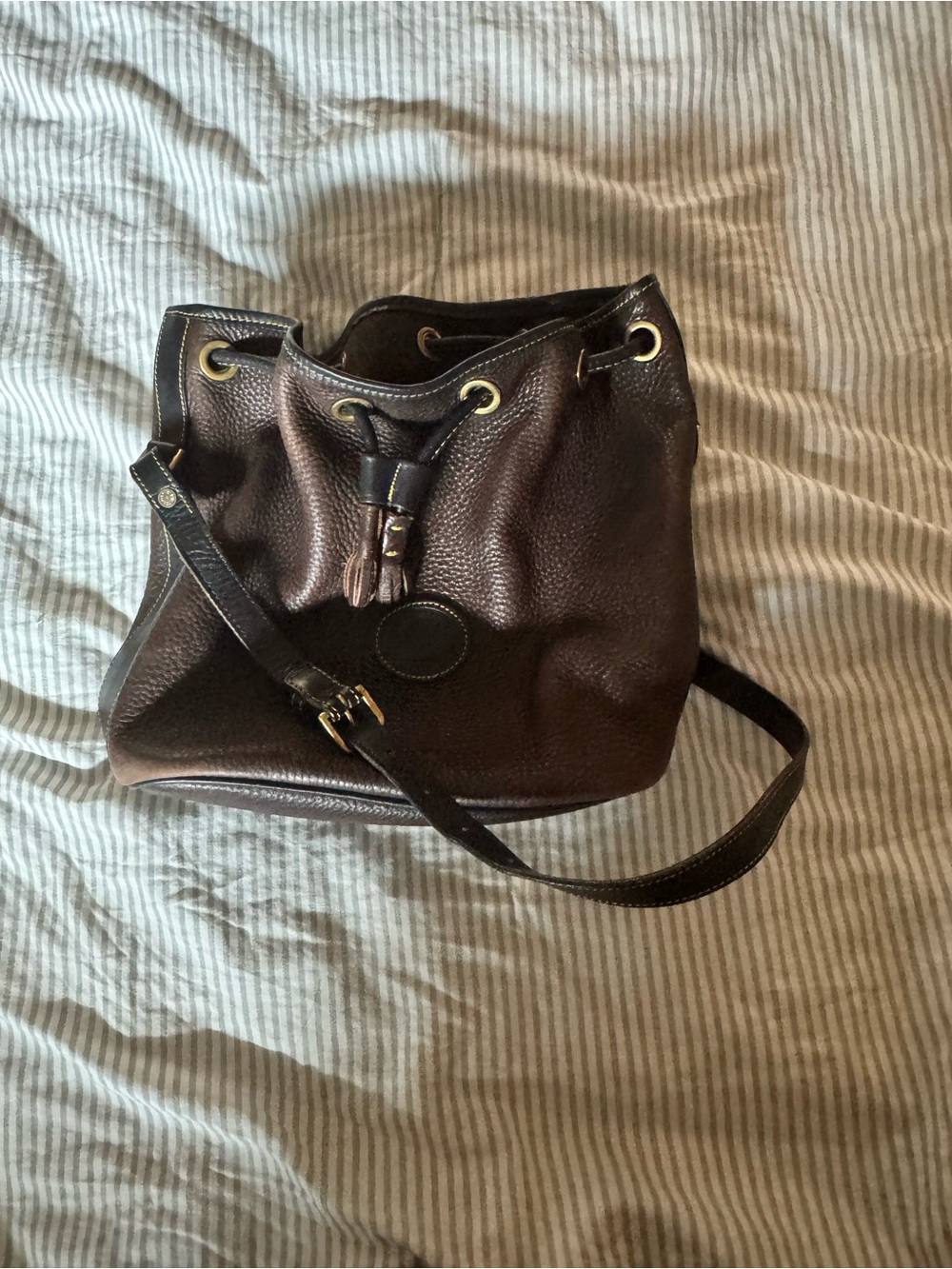 Dooney & Bourke Dark Brown Pebbled Leather Drawstring Bucket Bag